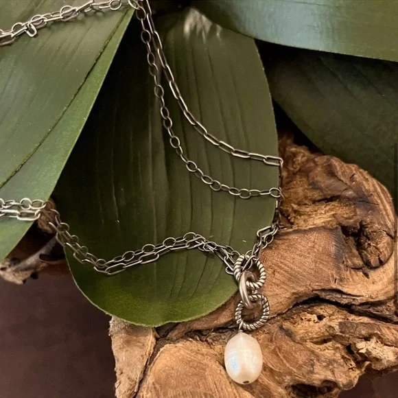 Silpada Vintage Sterling Silver Genuine Pearl Double Oxidized Chain Necklace - Picture 6 of 8